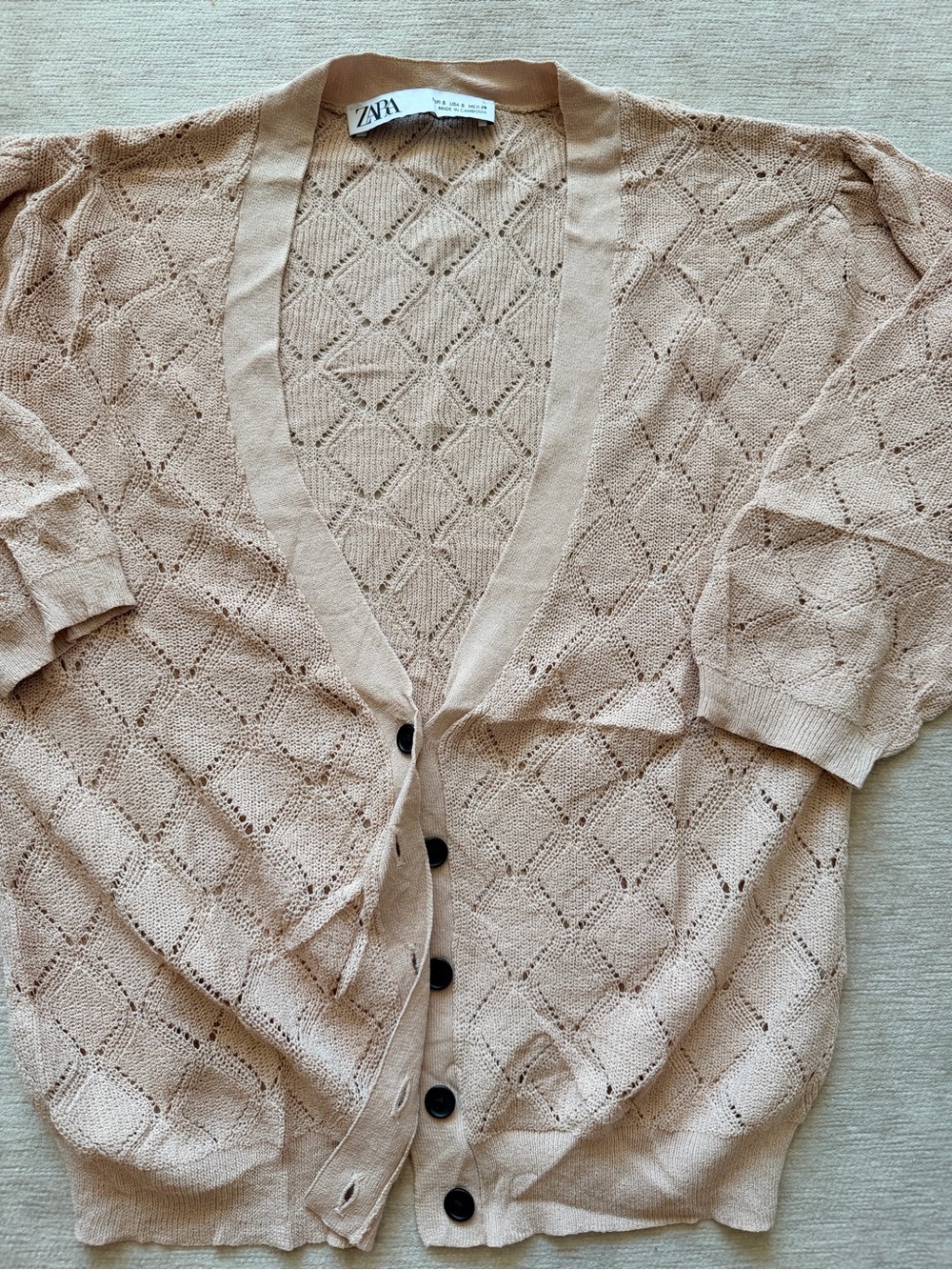 Zara Women's peach/beige Pointelle Knit Cardigan small 3/4 sleeves